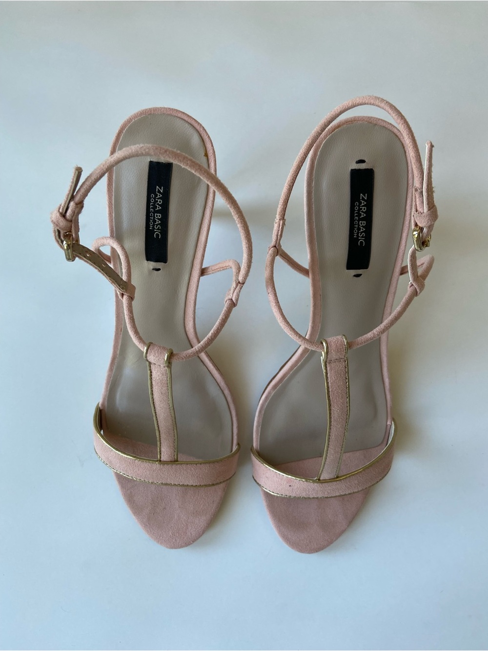 Zara Pink Blush Suede T-Strap Sandals with Gold Trim